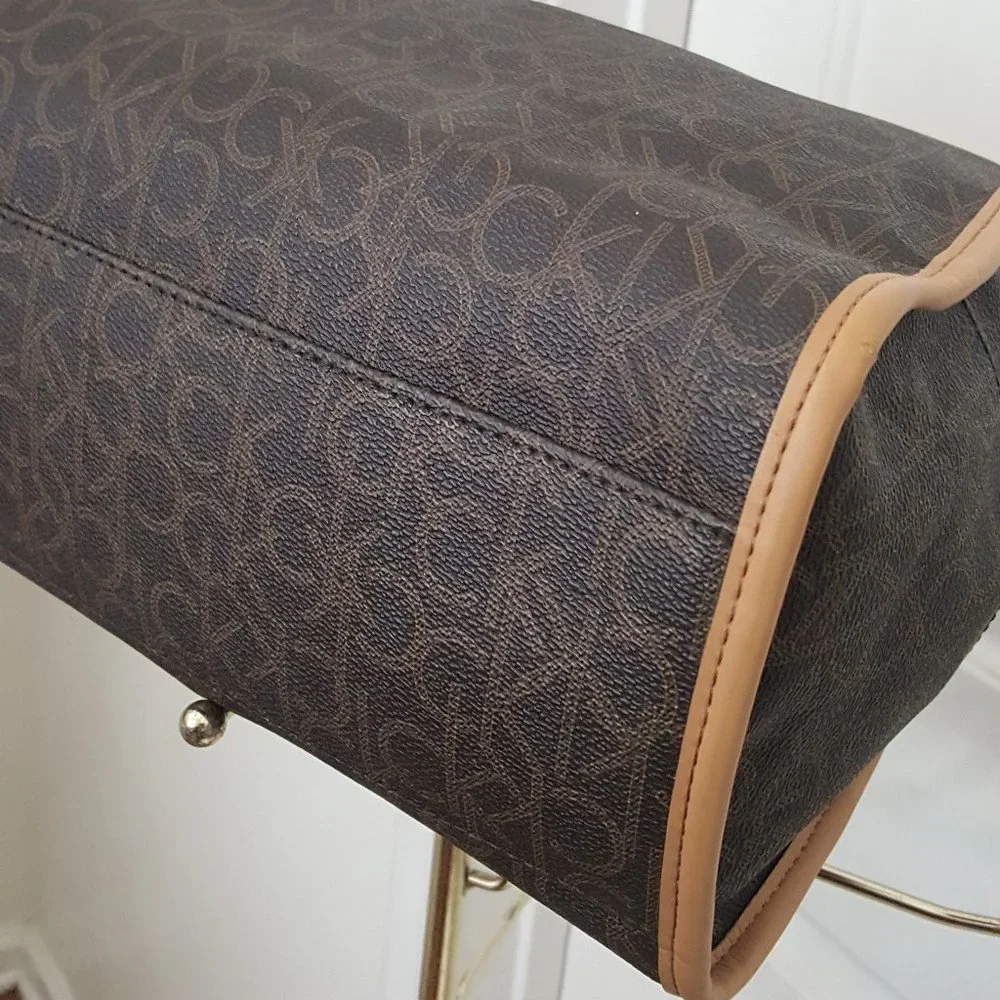 Women's Calvin Klein Opal Satchel Womens Handbag Brown Signature Monogram